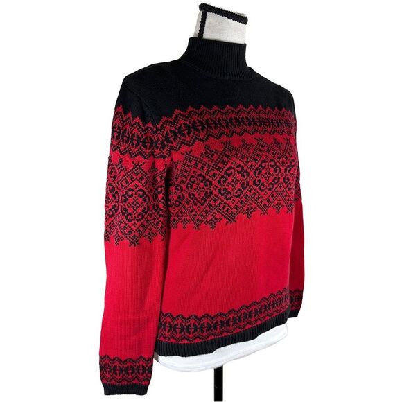 Vintage Talbots Red and Black Nordic Mock Neck Sweater - Picture 2 of 6